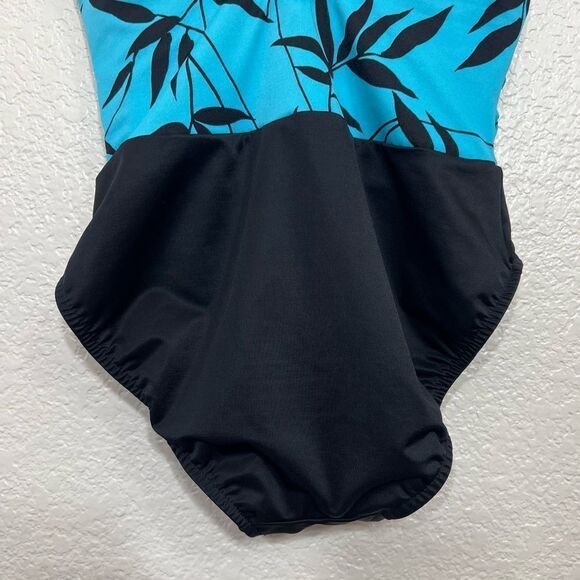 Miraclesuit One Piece Swimsuit Tropical Leaf Print Aqua Blue and Black Size 12 - Picture 10 of 13